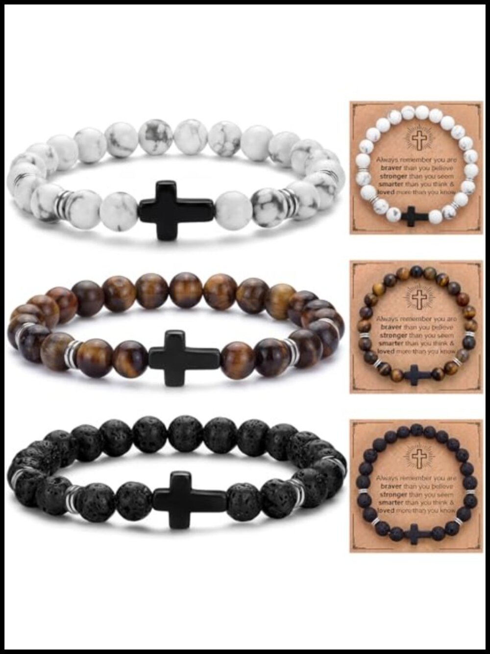 3 Pcs Stone Cross Bracelet Set 8mm Natural Tiger Eye Hematite Beaded Stretch Men